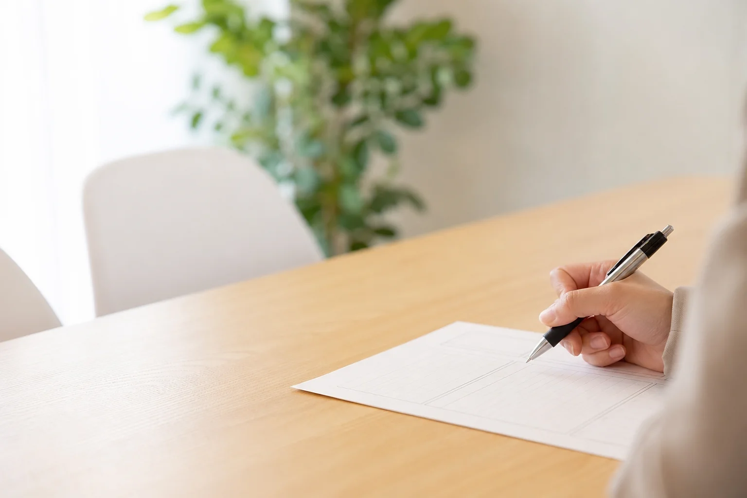 19歳フリーターが就職の相談をする時の、机に置いた履歴書とペンを持つ手元