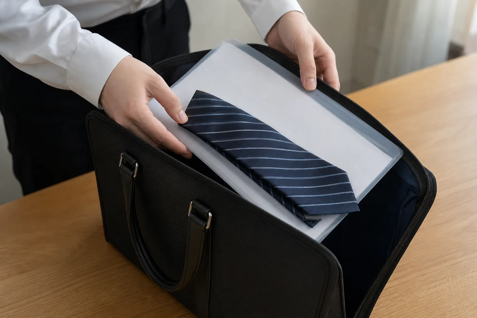 営業職の正社員を目指して、面接の前にスーツと書類かばんを準備している手元