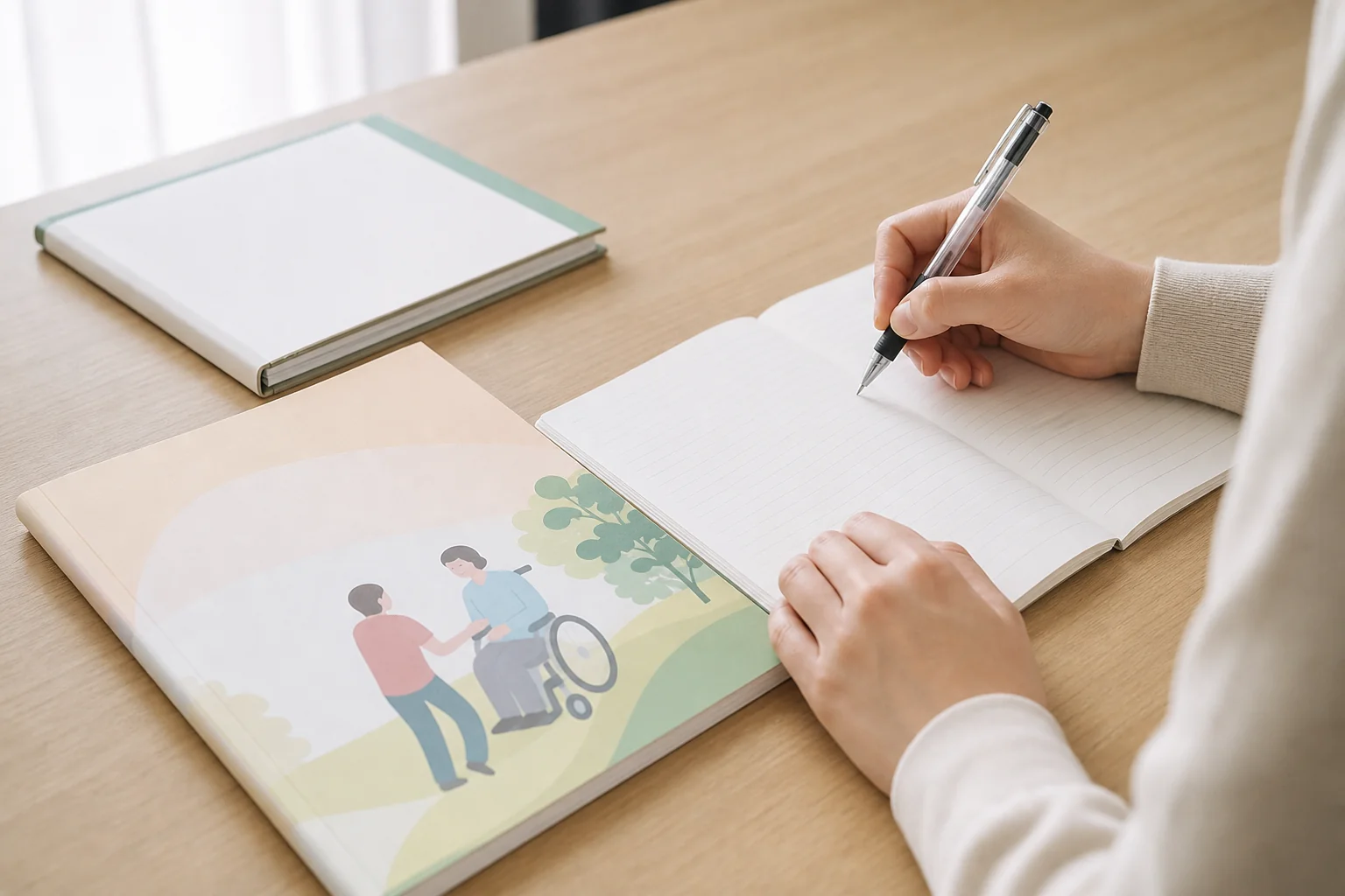 介護職員初任者研修に向けて、机の上で教材とノートを広げて勉強している手元