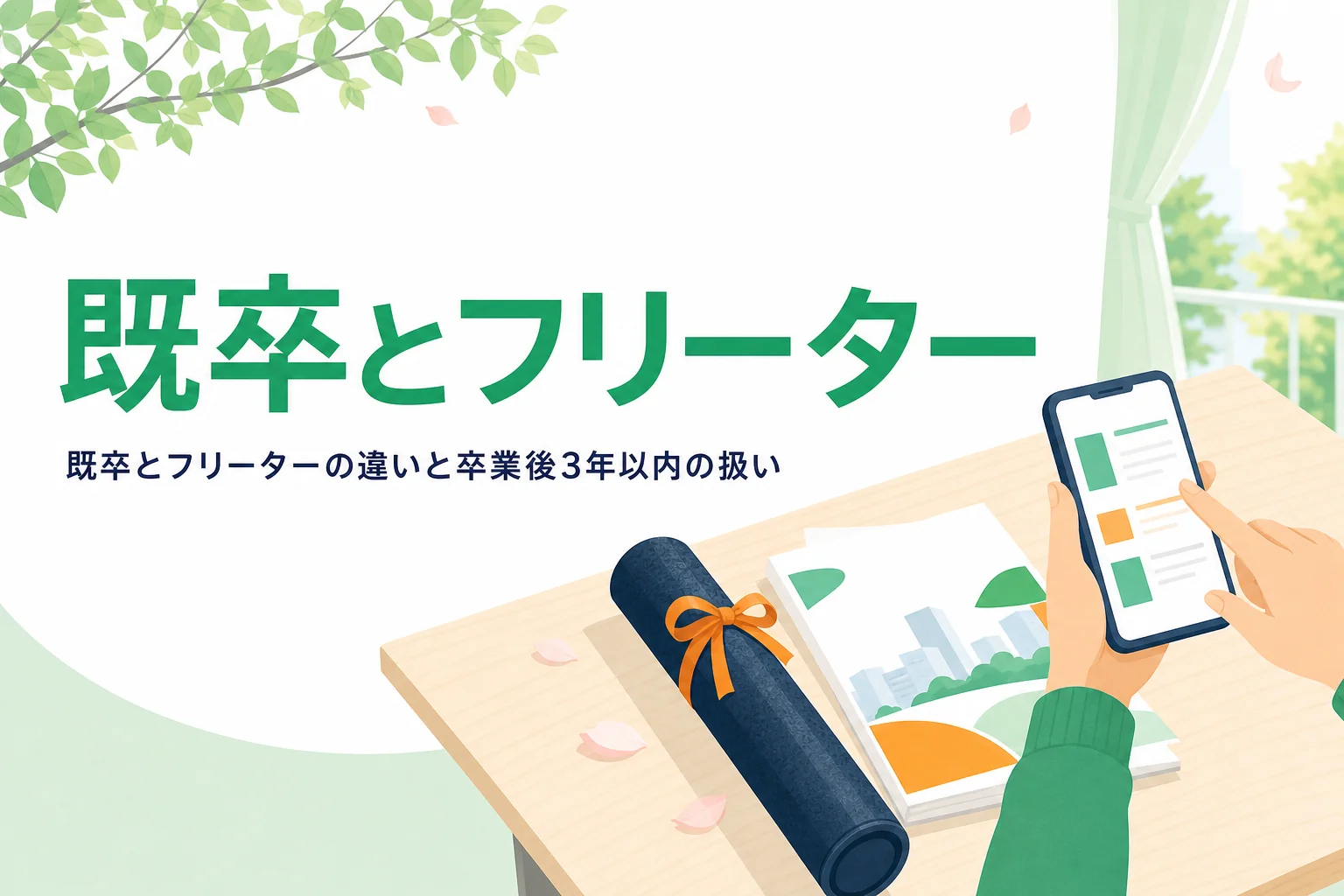 既卒とフリーターの違いと卒業後3年以内の新卒枠の扱いを紹介する記事のアイキャッチ