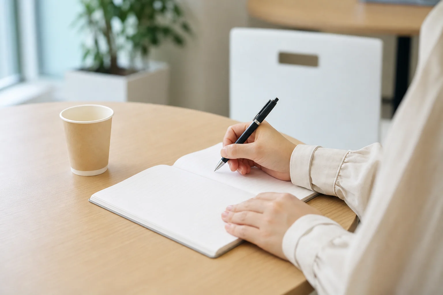 正社員登用の面接に向けて、休憩室の机で志望の理由をノートにまとめている手元