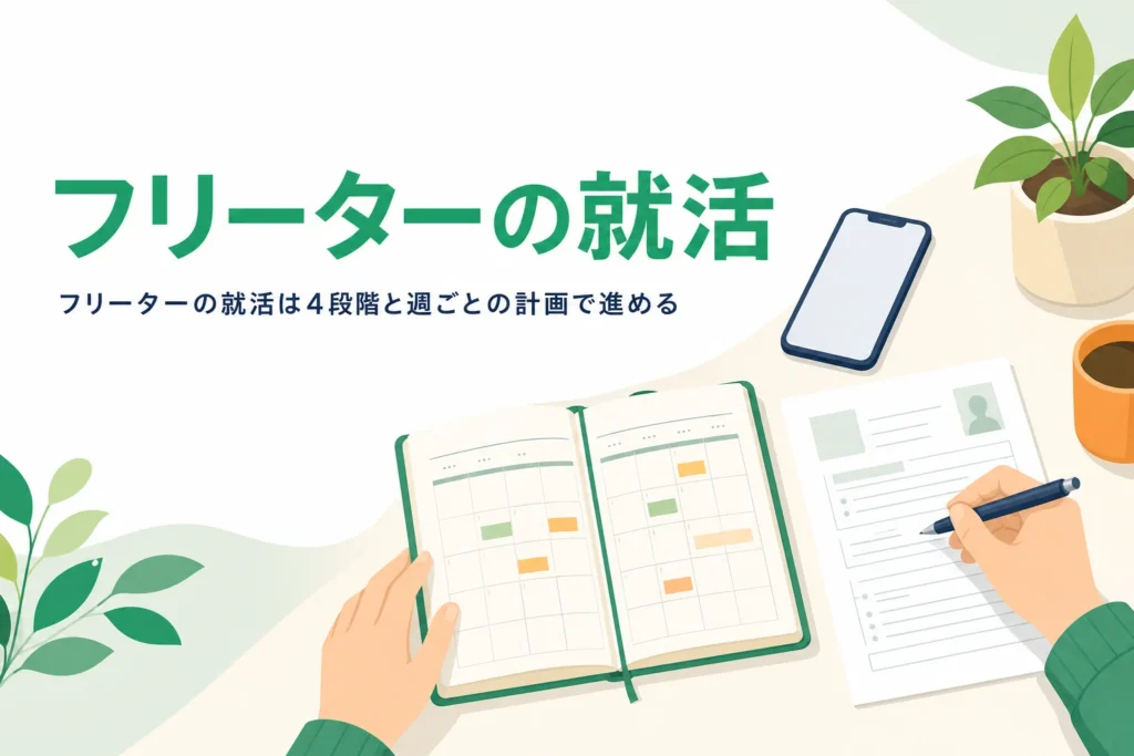 フリーターの就活を準備・応募・面接・内定の4段階と週ごとの計画で進める方法を紹介する記事のアイキャッチ