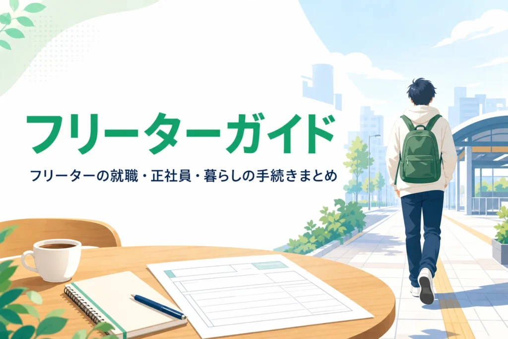 フリーターガイドのトップページのアイキャッチ。朝の街を歩く若い人の後ろ姿と、テーブルの履歴書