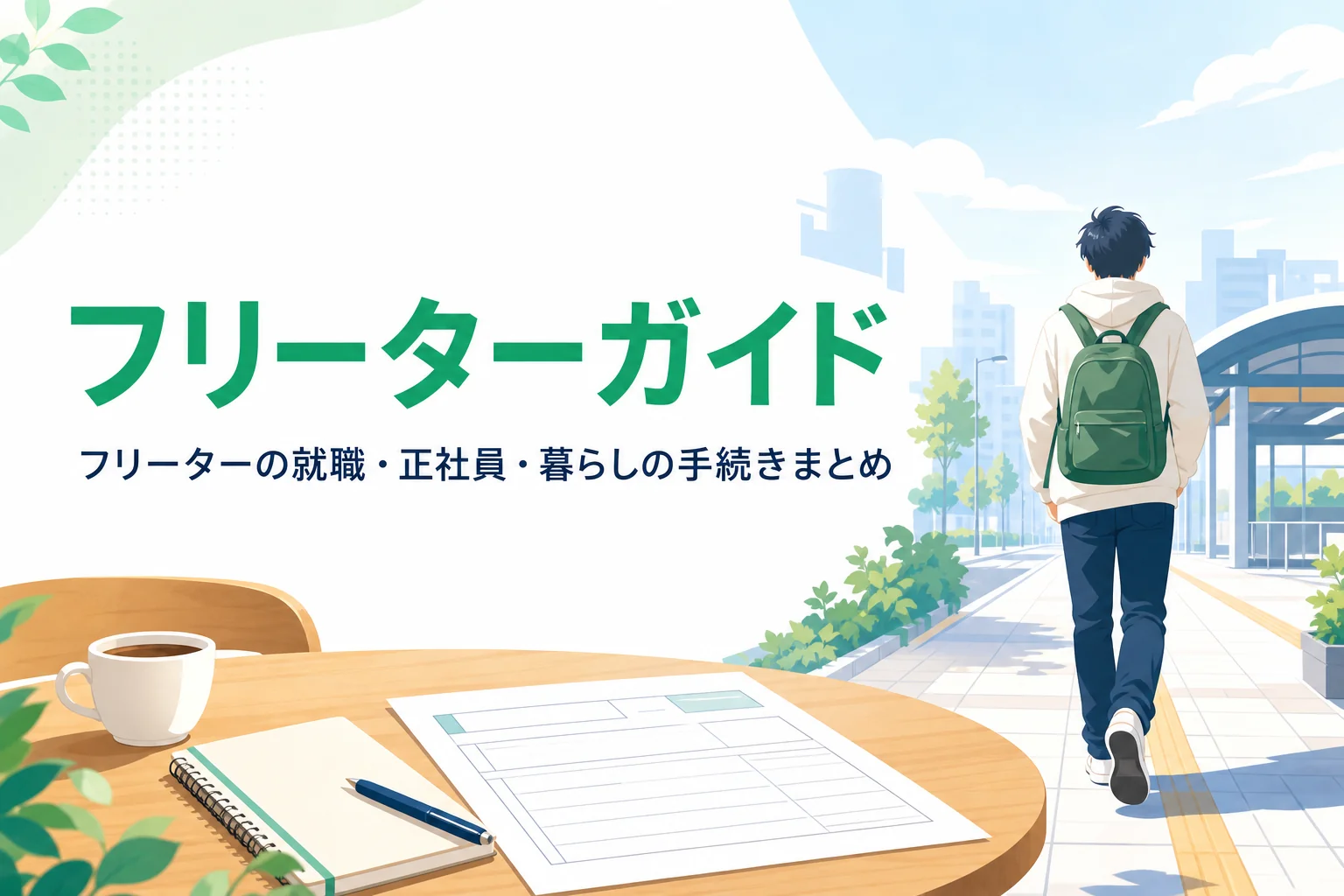 フリーターガイドのトップページのアイキャッチ。朝の街を歩く若い人の後ろ姿と、テーブルの履歴書