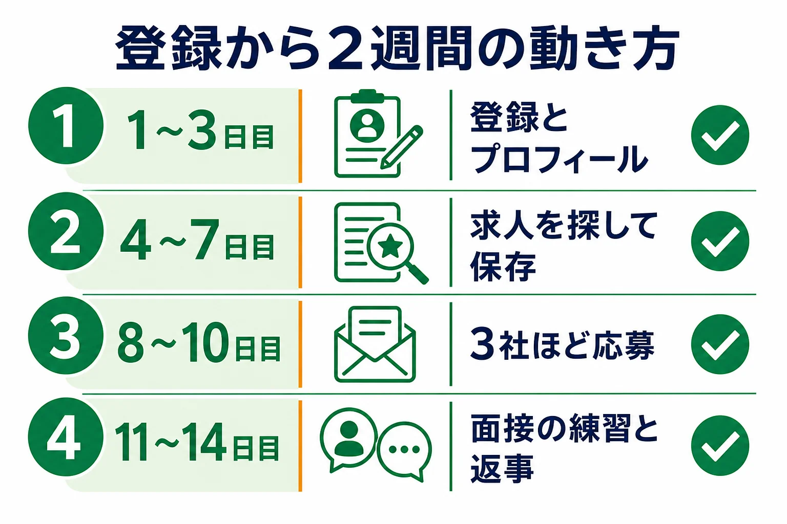 フリーターが転職サイトに登録してから2週間で応募と面接の準備まで進める流れを示した図解